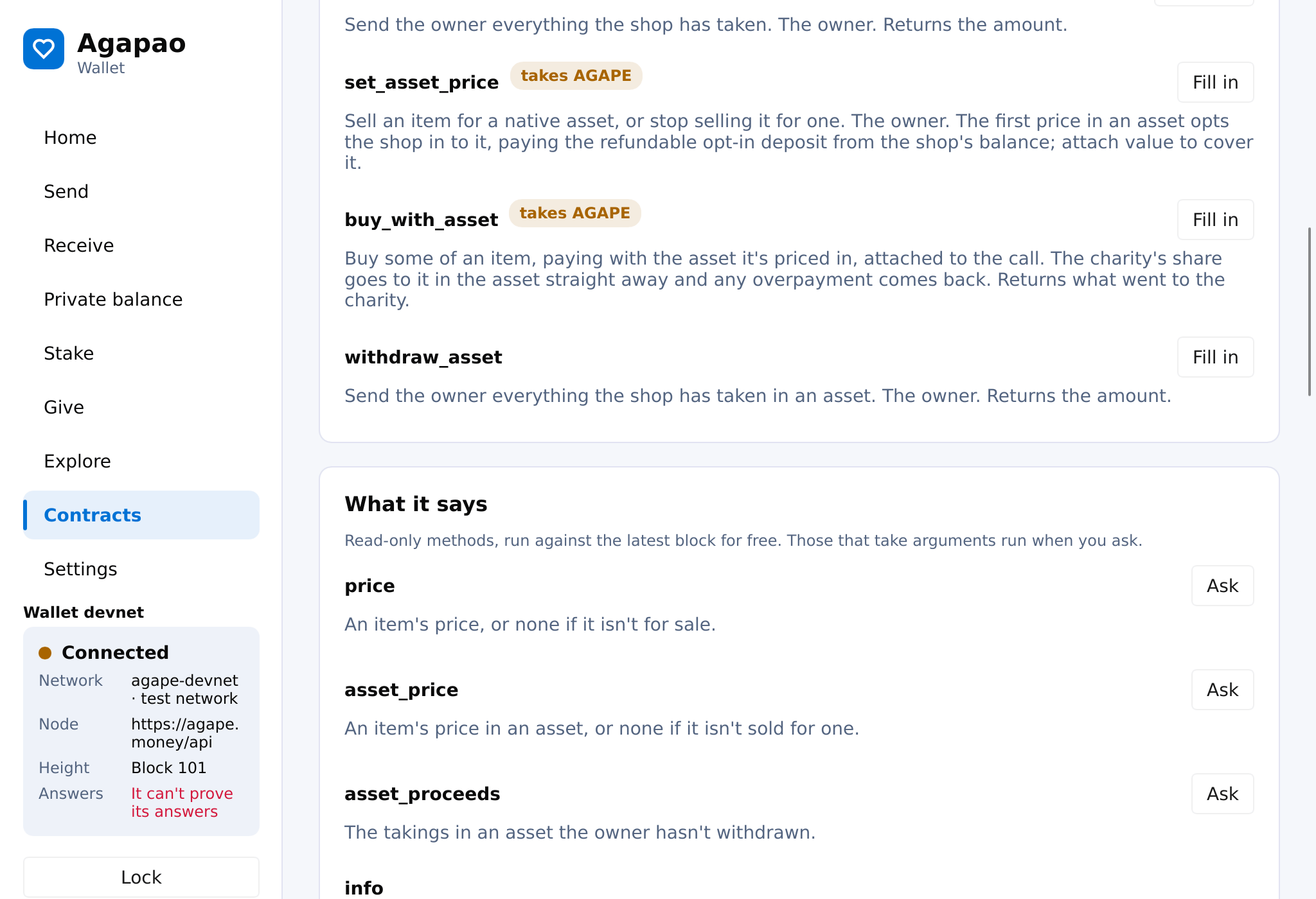 A shop contract open in the desktop wallet: its read-only values, including what it has given so far, and its sales decoded from its own description, each with the share that went to a beneficial cause.