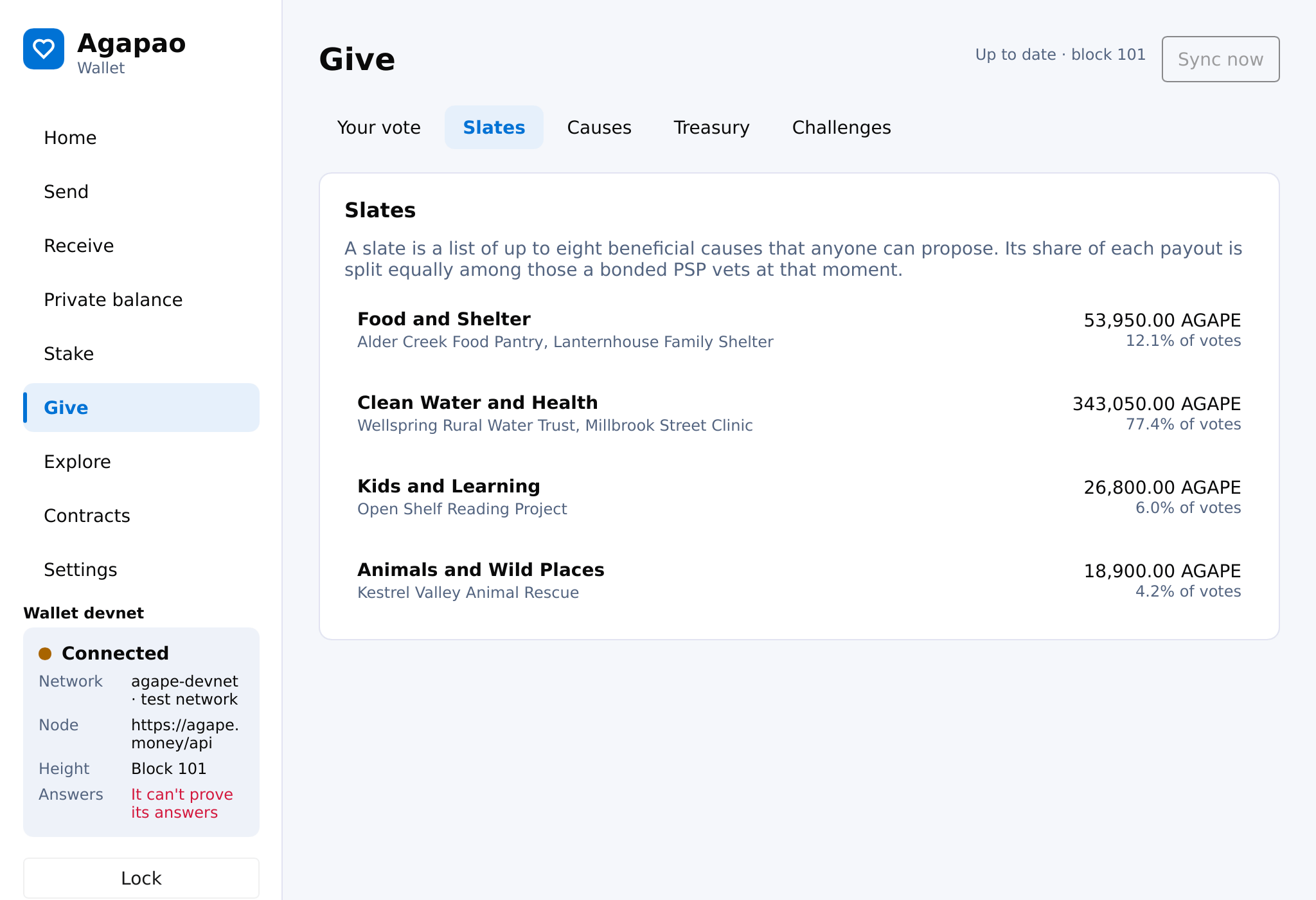 The desktop wallet's Give screen: slates of beneficial causes, with the stake voting for each.