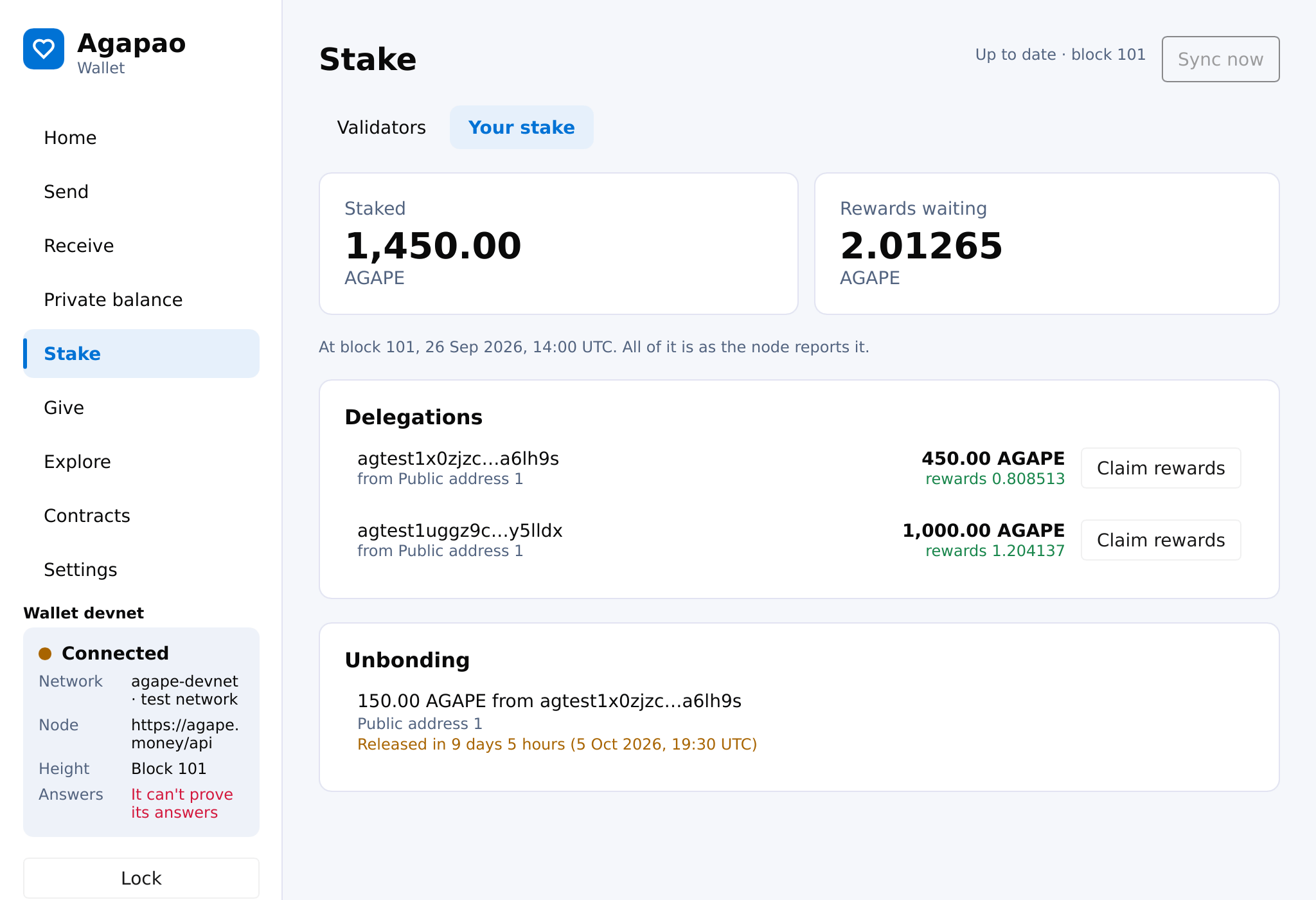 The wallet's Stake screen on a desktop: two delegations to validators, the stake in each, and 150 AGAPE unbonding with the date it is released.