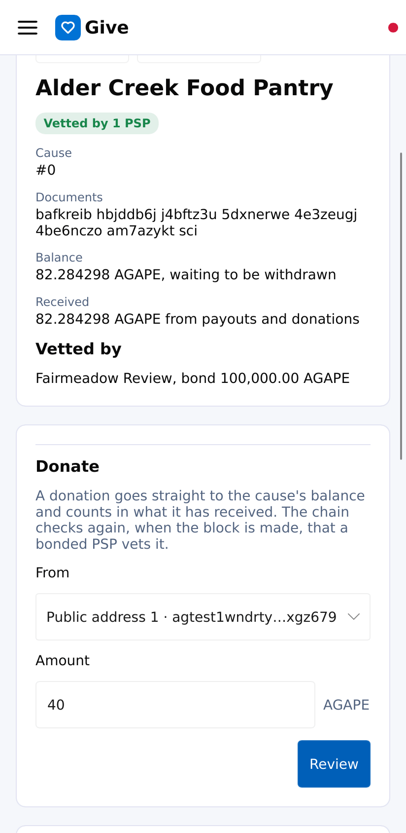 One beneficial cause's page in the Android wallet: the PSP that vetted it, what it has received, and a donation of 40 AGAPE ready to review.