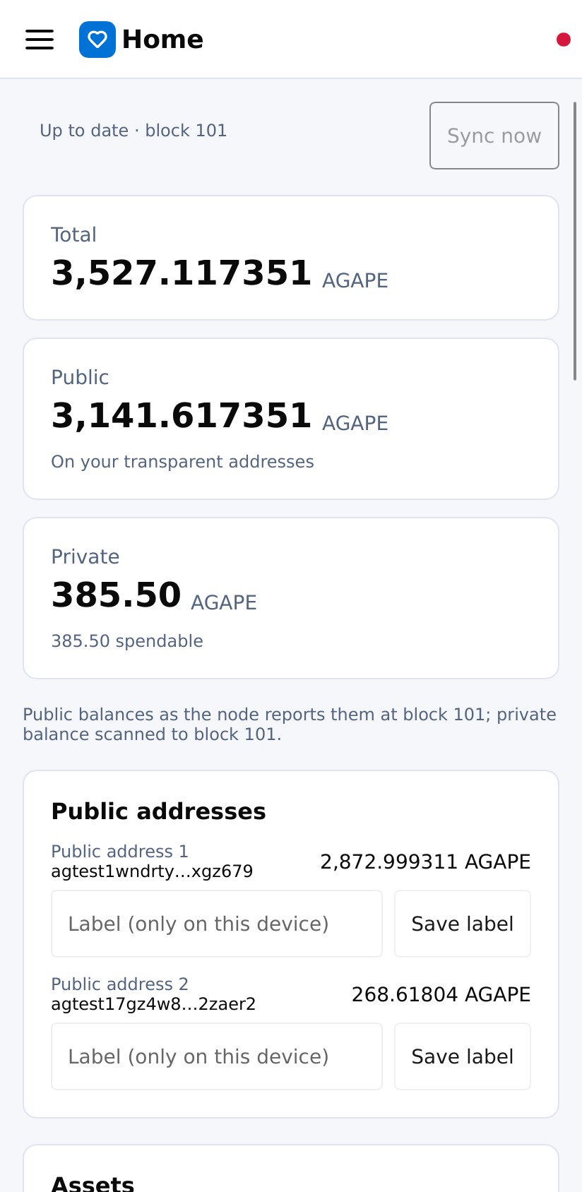 The wallet's Home screen on an Android phone, showing the total, public and private balances, the wallet's public addresses and its recent activity.