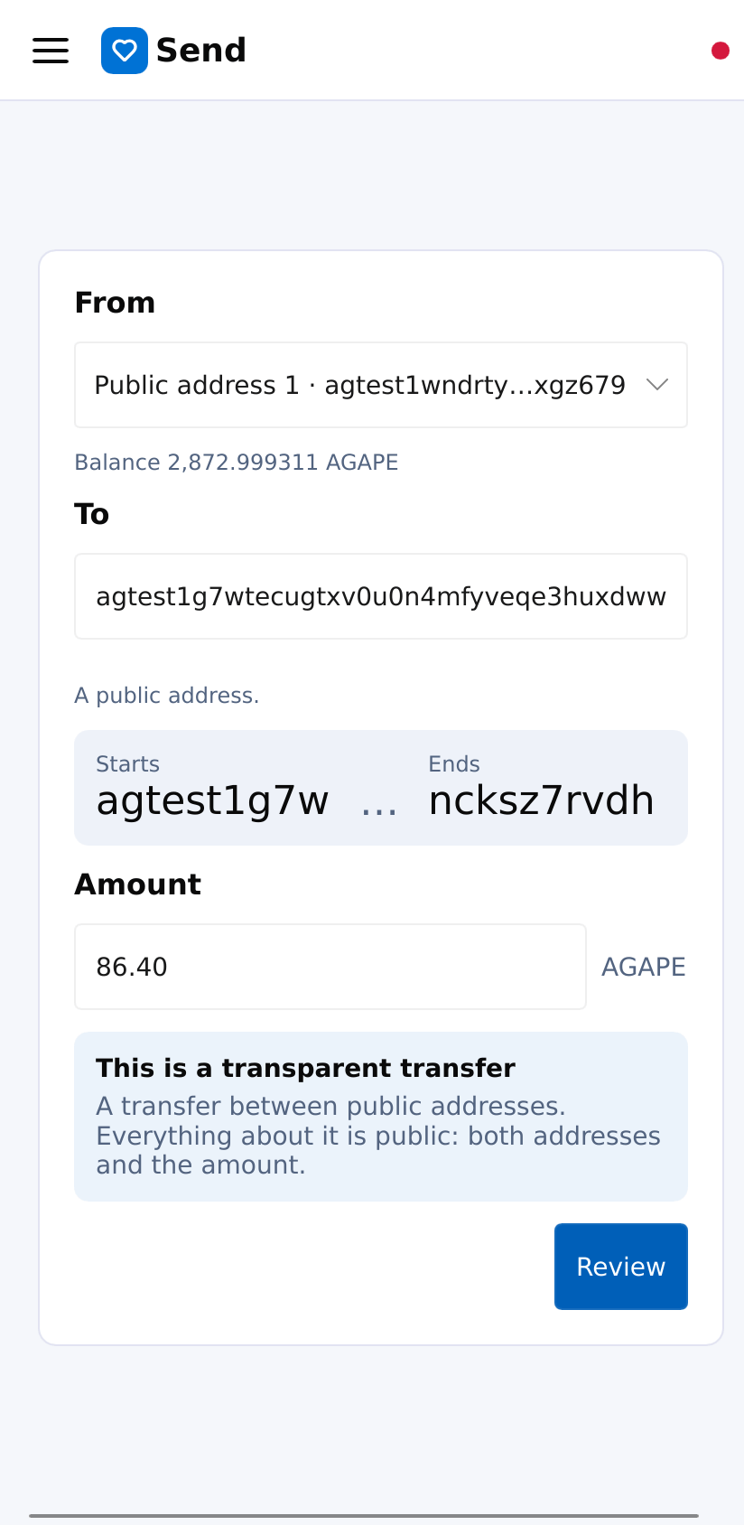A payment being filled in on an Android phone: the address it comes from with its balance, the recipient and the amount.